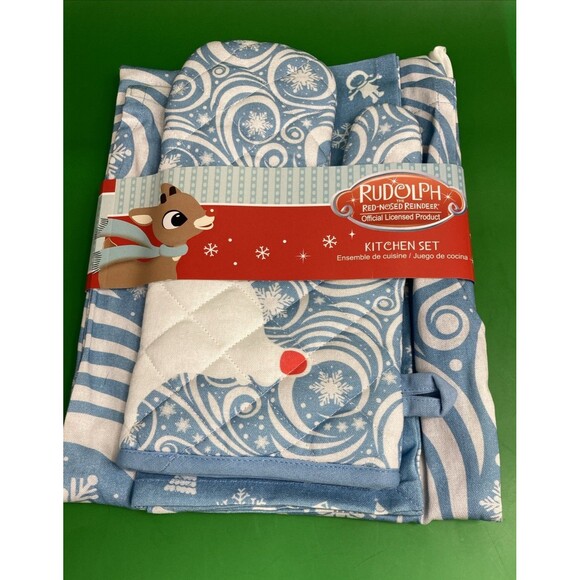 Rudolph The Red-Nosed Reindeer Christmas Kitchen Set - Apron, Oven Mitt, Towel - Picture 1 of 8